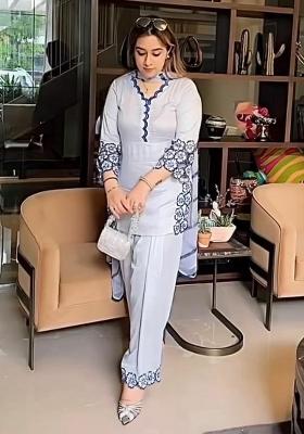 White Embroidery Blended Kurta Set