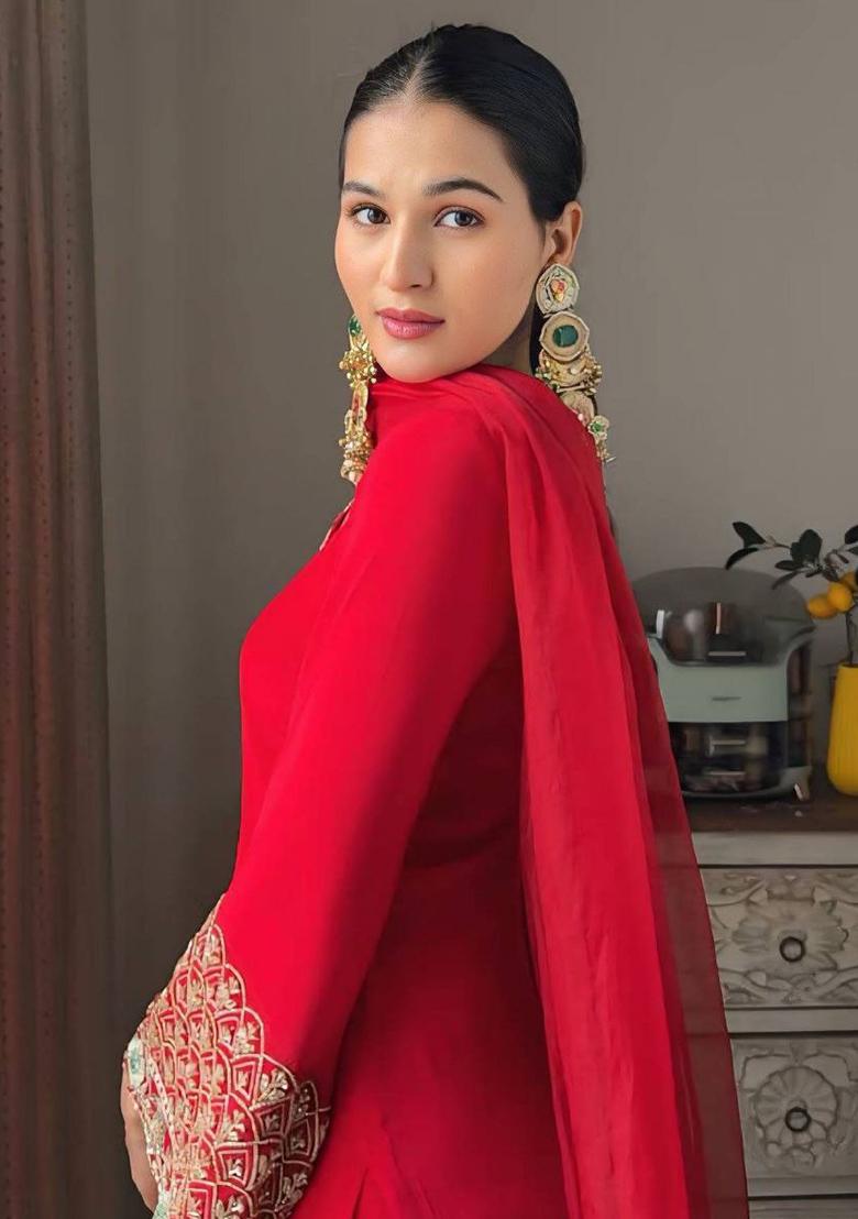 Red Embroidery Blended Kurta Set - Indya