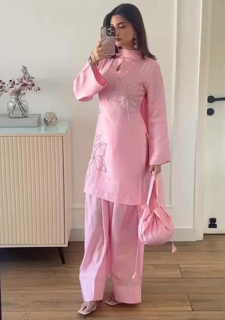 Pink Solid Blended Kurta Set - Indya