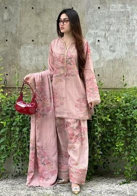 Pink Printed Blended Kurta Set