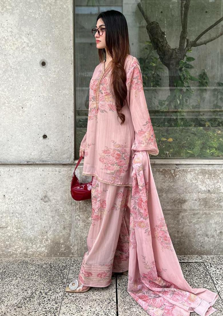 Pink Printed Blended Kurta Set - Indya