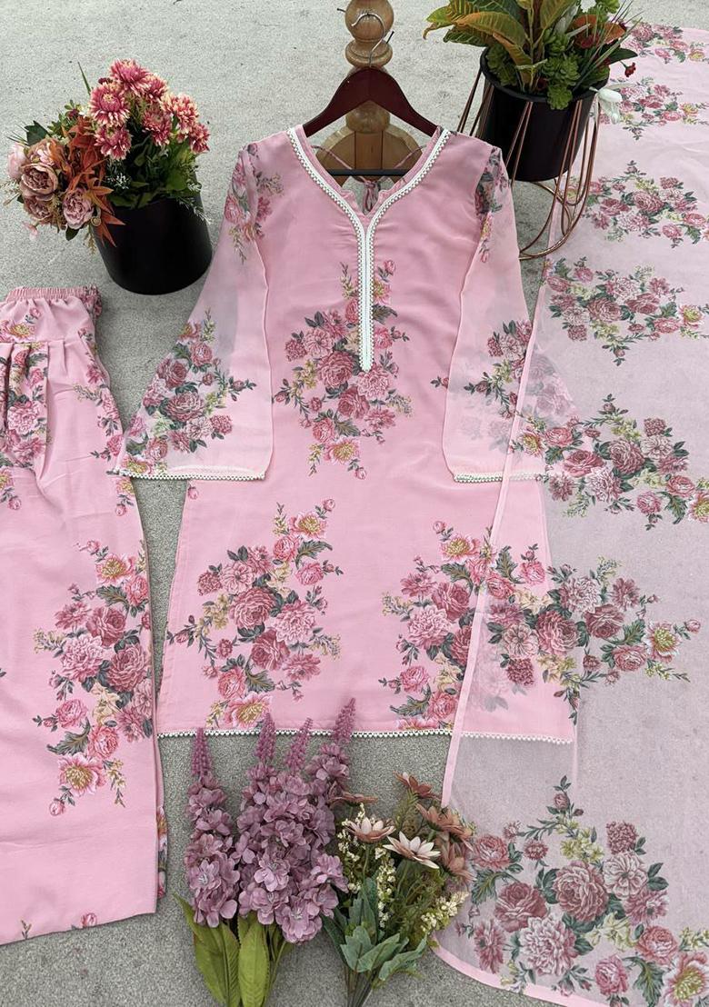Pink Printed Blended Kurta Set - Indya