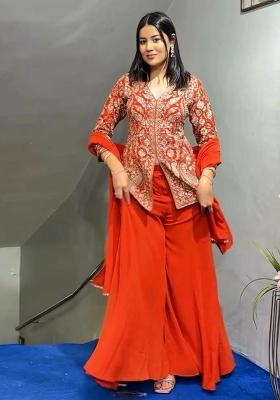 Orange Embroidery Blended Kurta Set