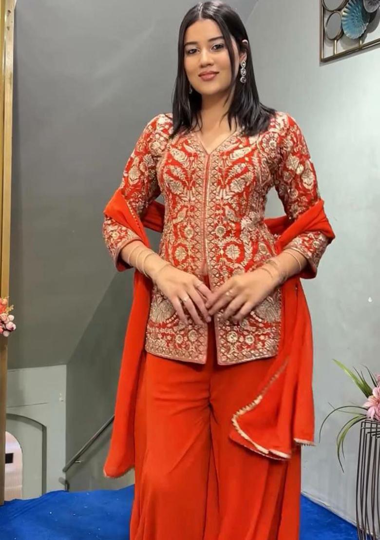 Orange Embroidery Blended Kurta Set - Indya