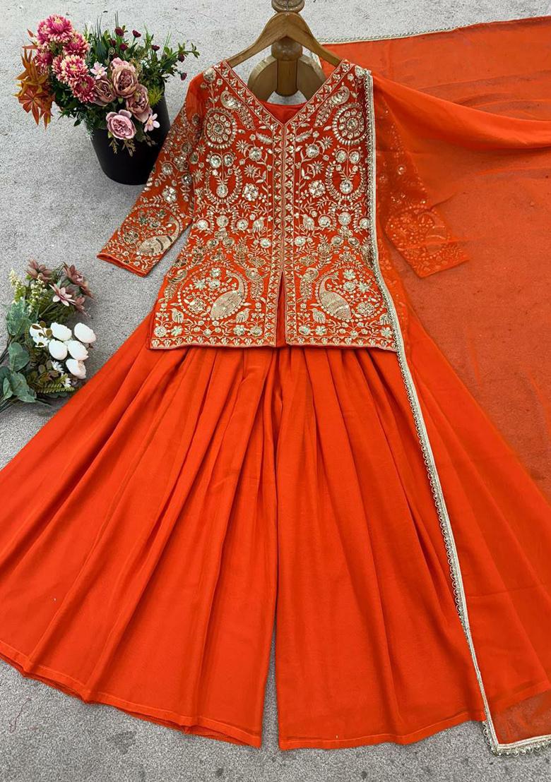 Orange Embroidery Blended Kurta Set - Indya