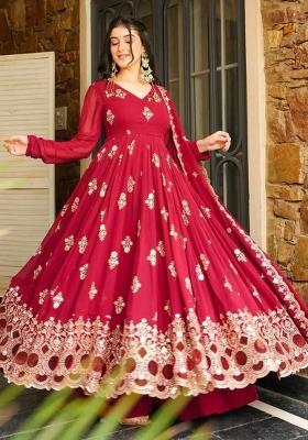 Red Embroidery Blended Kurta Set