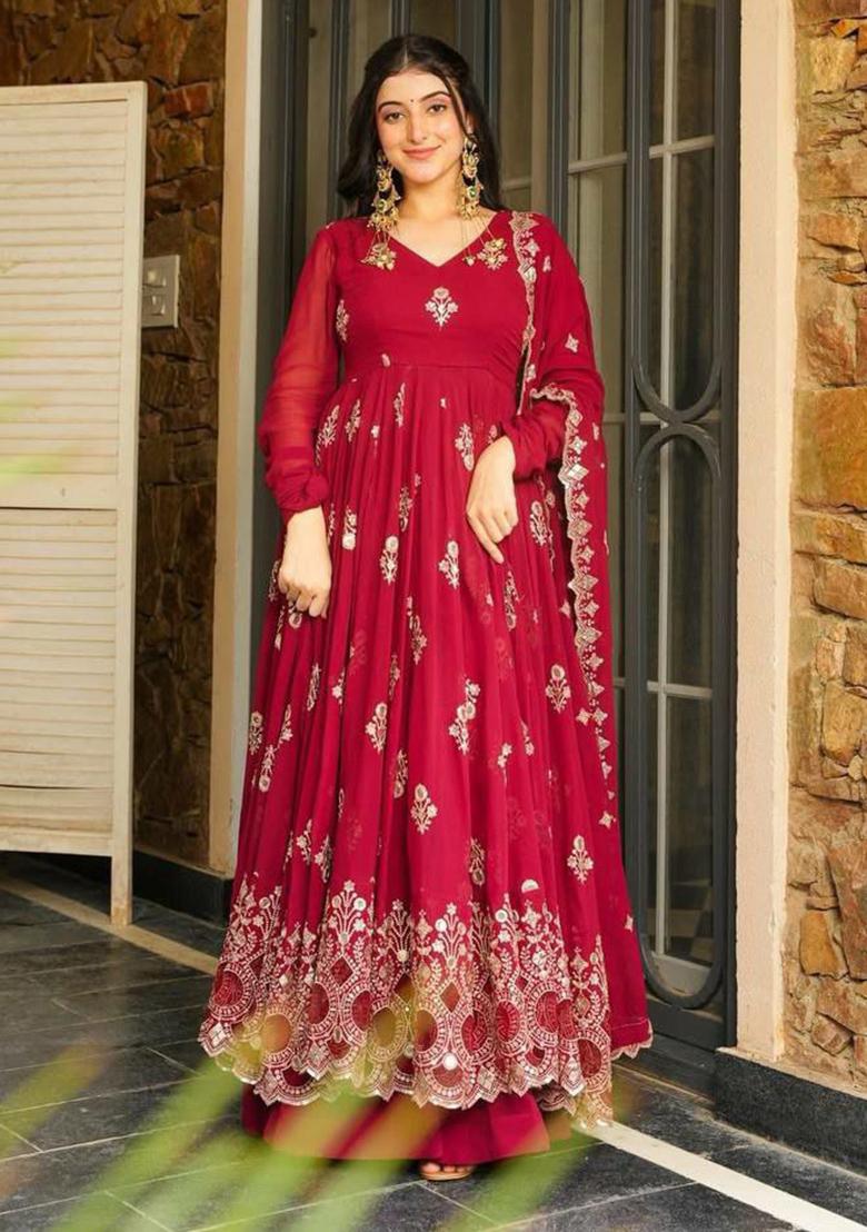Red Embroidery Blended Kurta Set - Indya