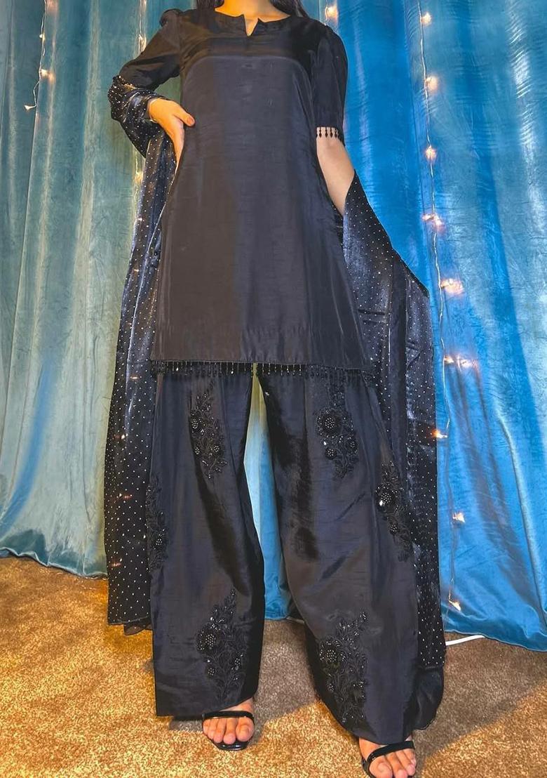 Blue Solid Blended Kurta Set - Indya