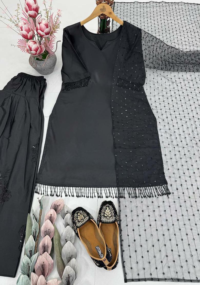 Blue Solid Blended Kurta Set - Indya