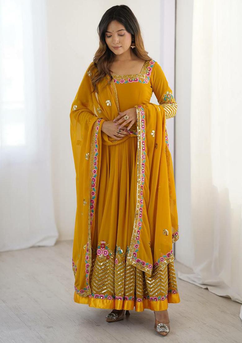 Yellow Embroidery Blended Kurta Set - Indya