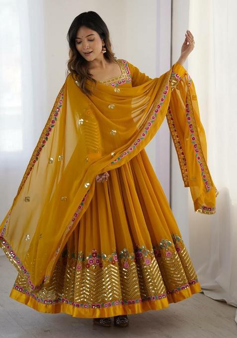 Yellow Embroidery Blended Kurta Set