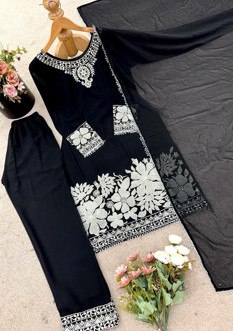 Black Embroidery Blended Kurta Set - Indya