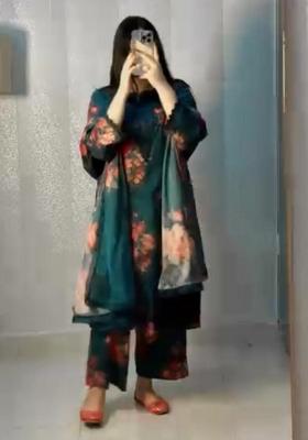 Blue Printed Blended Kurta Set