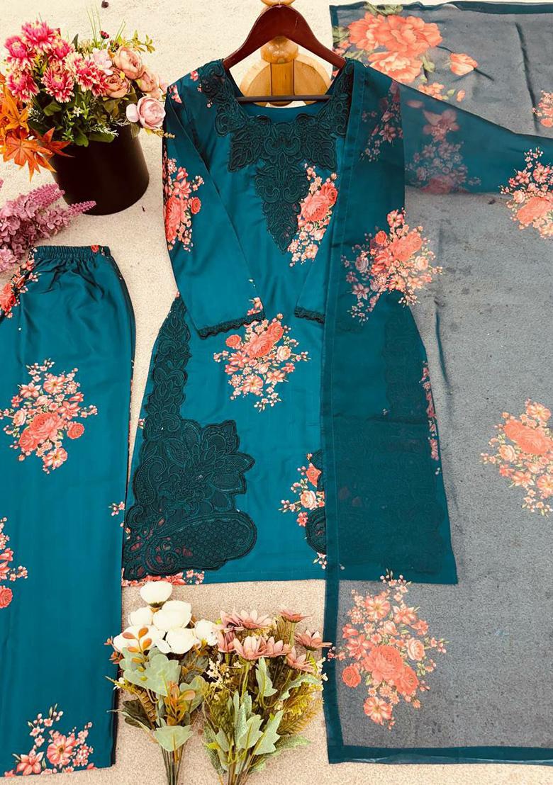 Blue Printed Blended Kurta Set - Indya