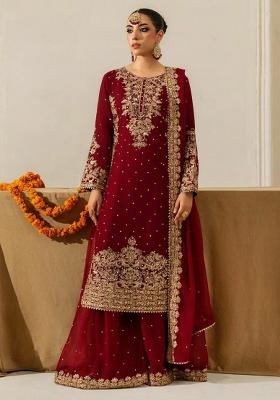 Maroon Embroidery Blended Kurta Set