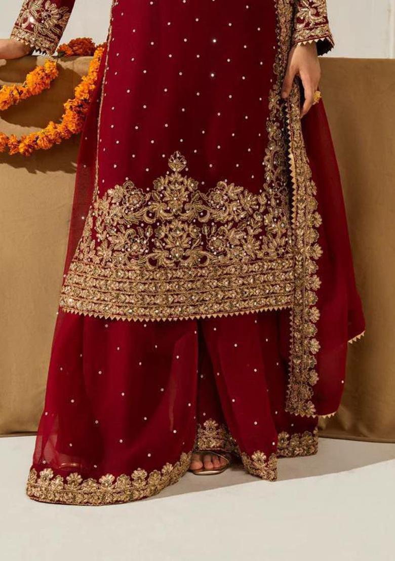 Maroon Embroidery Blended Kurta Set - Indya