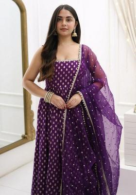 Purple Embroidery Blended Kurta Set