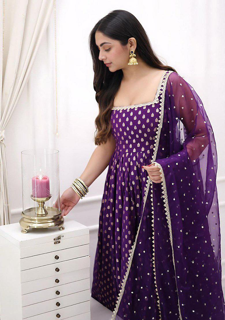 Purple Embroidery Blended Kurta Set - Indya