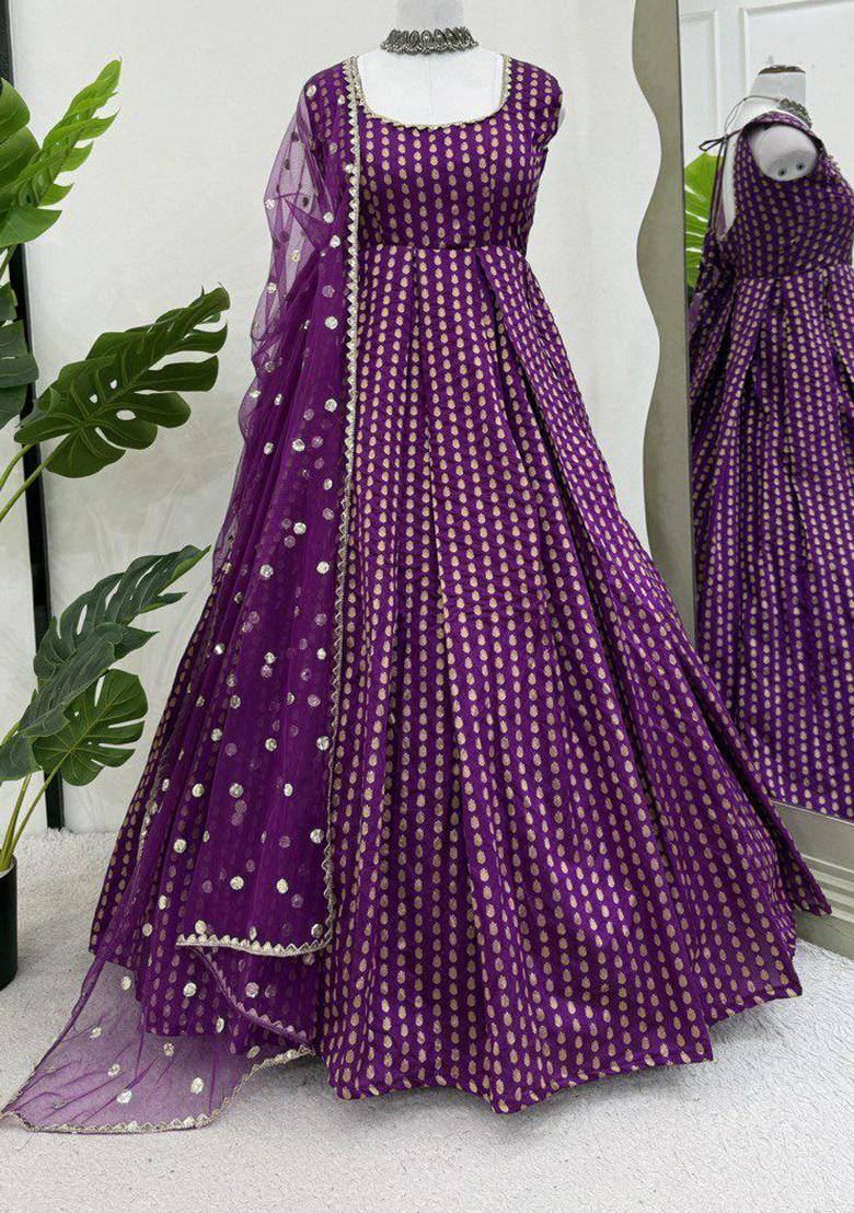 Purple Embroidery Blended Kurta Set - Indya