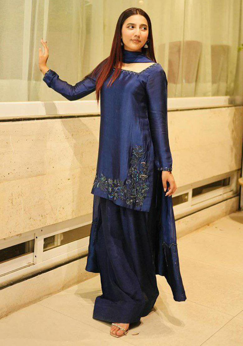Blue Embroidery Blended Kurta Set - Indya