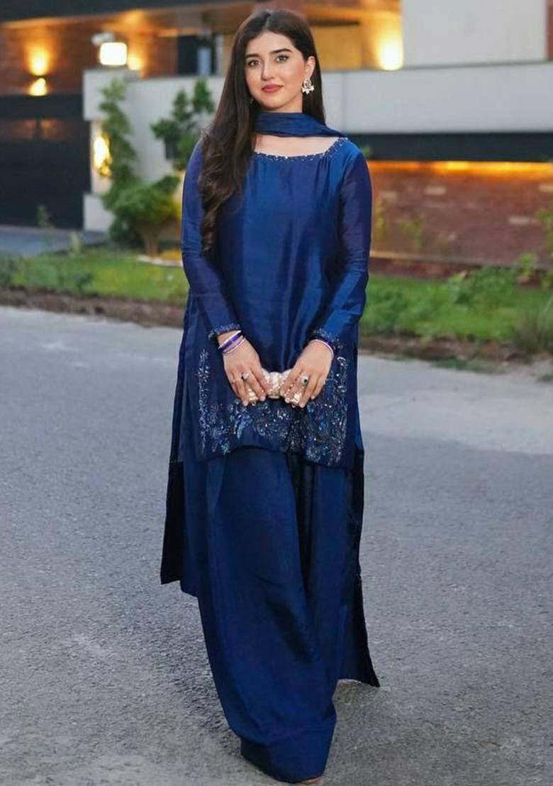 Blue Embroidery Blended Kurta Set - Indya
