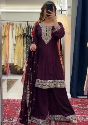 Maroon Embroidery Blended Kurta Set