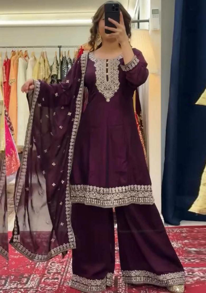 Maroon Embroidery Blended Kurta Set - Indya