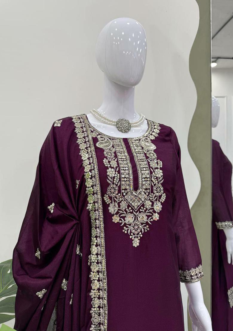 Maroon Embroidery Blended Kurta Set - Indya