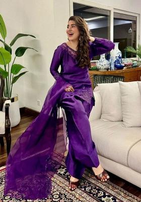 Purple Embroidery Blended Kurta Set