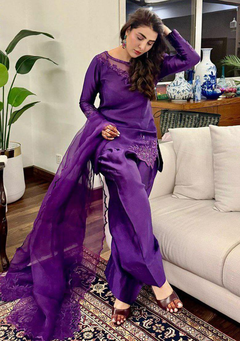 Purple Embroidery Blended Kurta Set - Indya
