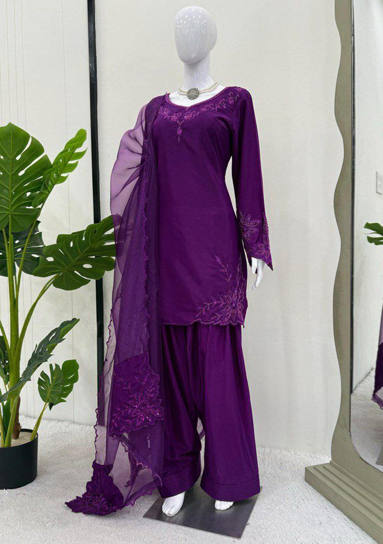 Purple Embroidery Blended Kurta Set - Indya