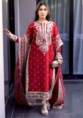 Red Embroidery Blended Kurta Set