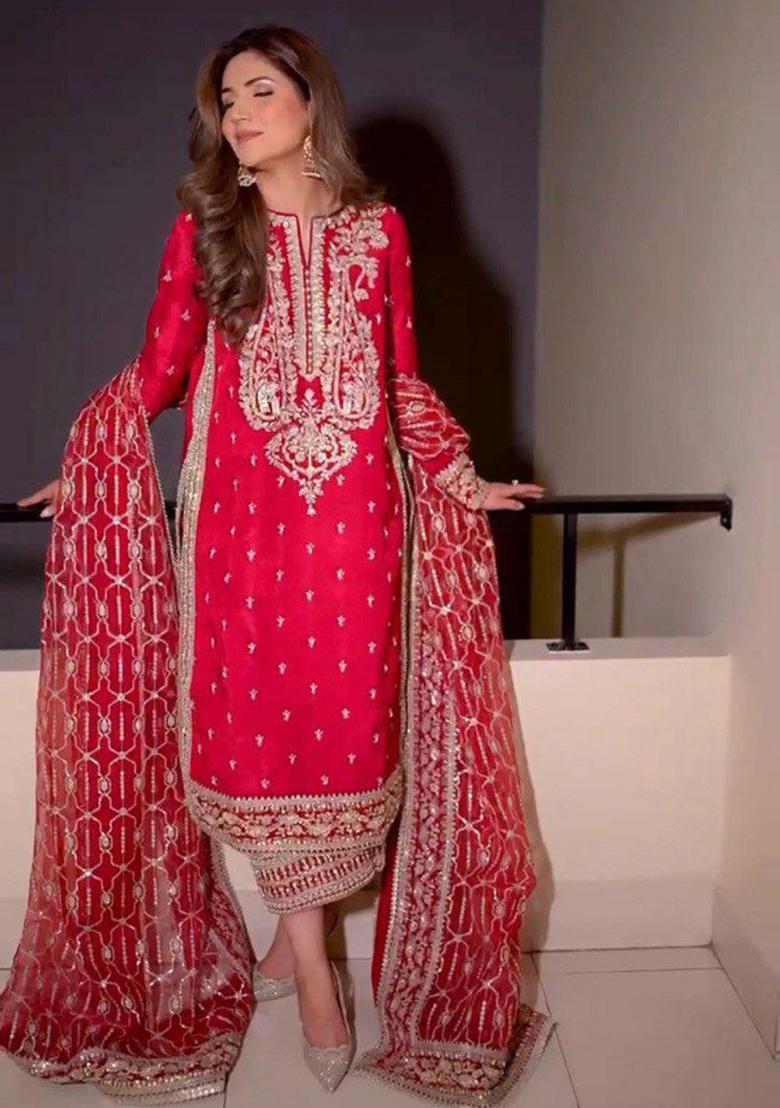 Red Embroidery Blended Kurta Set - Indya