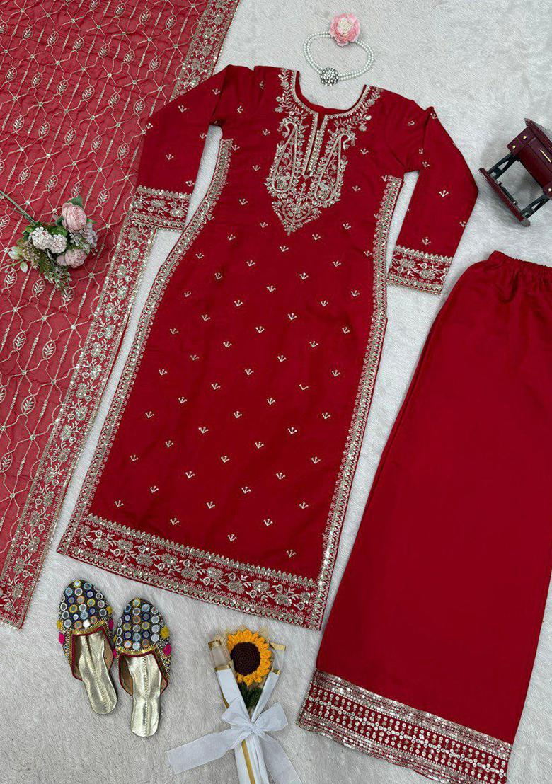 Red Embroidery Blended Kurta Set - Indya