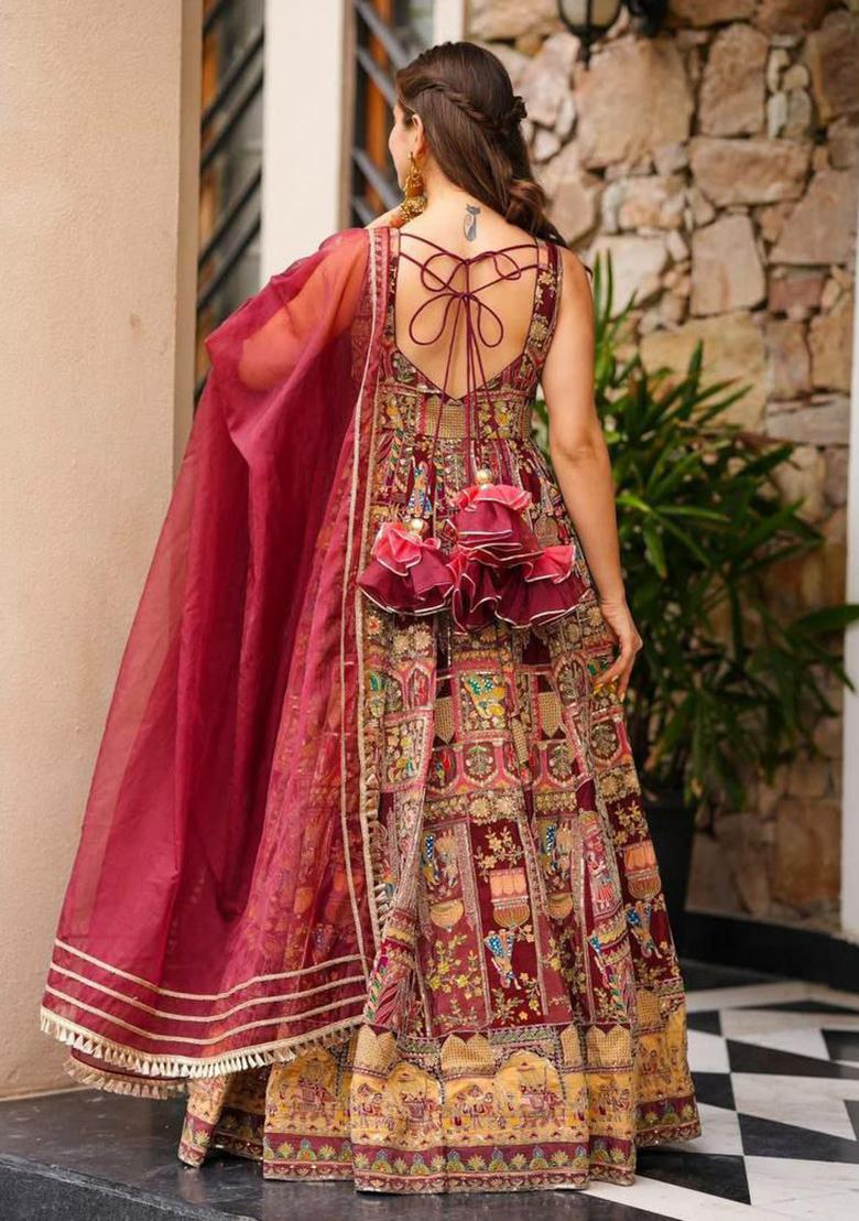 Maroon Embroidery Blended Kurta Set - Indya