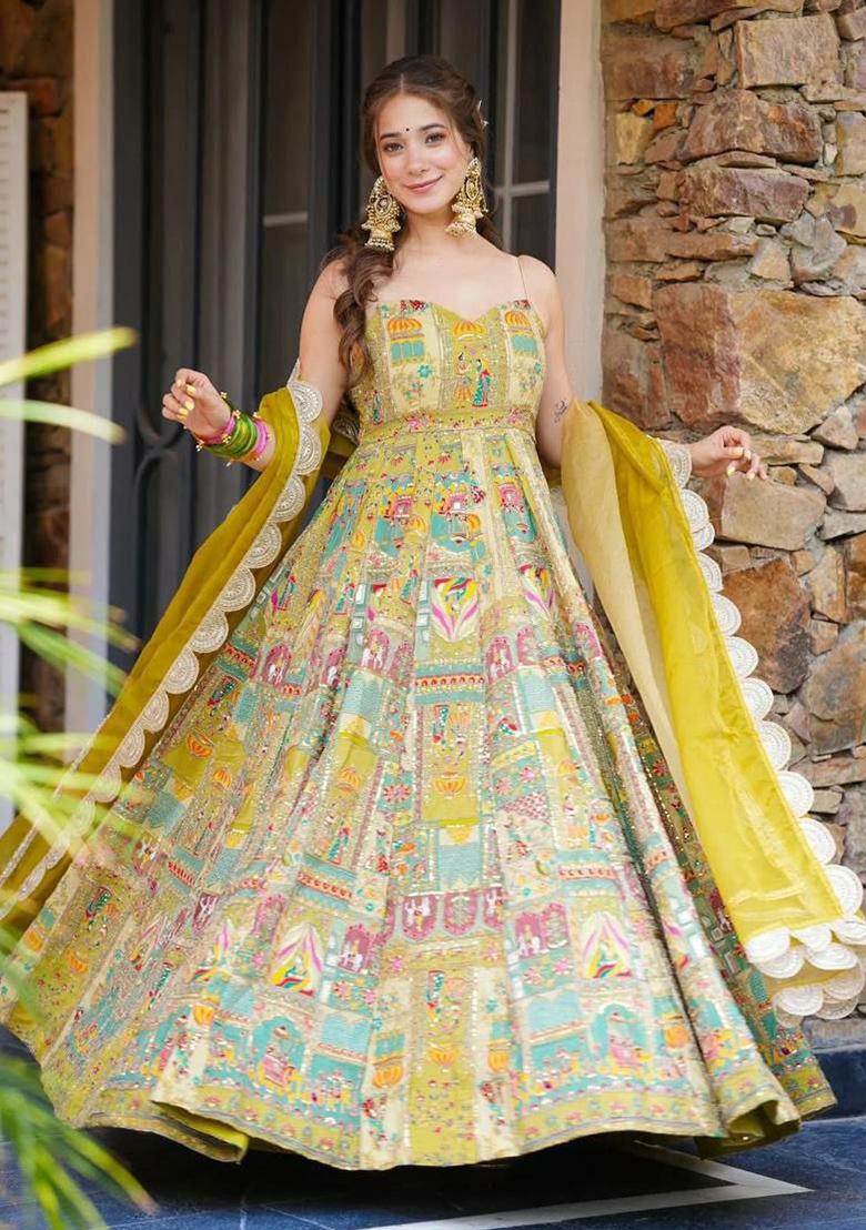 Yellow Embroidery Blended Kurta Set - Indya