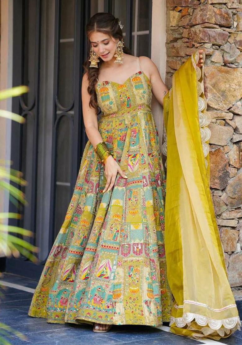 Yellow Embroidery Blended Kurta Set - Indya