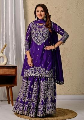 Purple Embroidery Blended Kurta Set