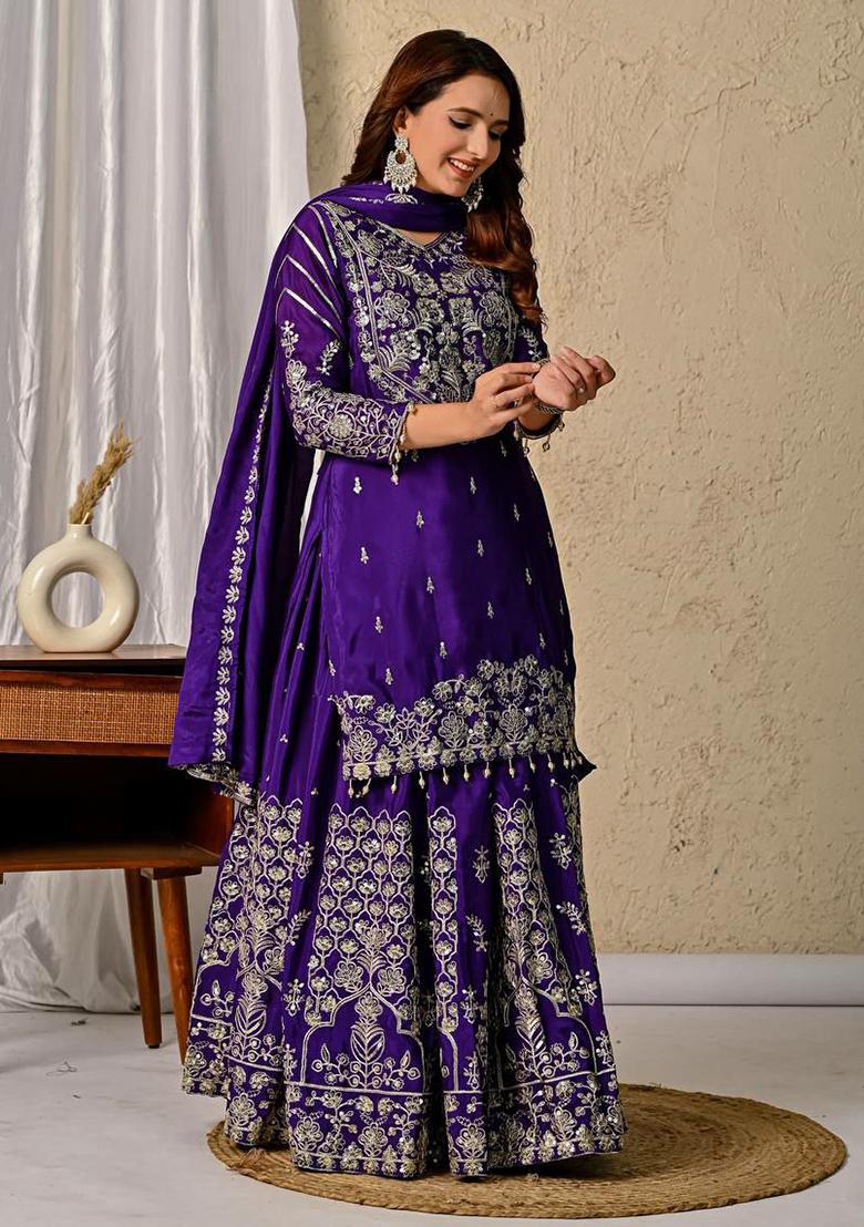 Purple Embroidery Blended Kurta Set - Indya