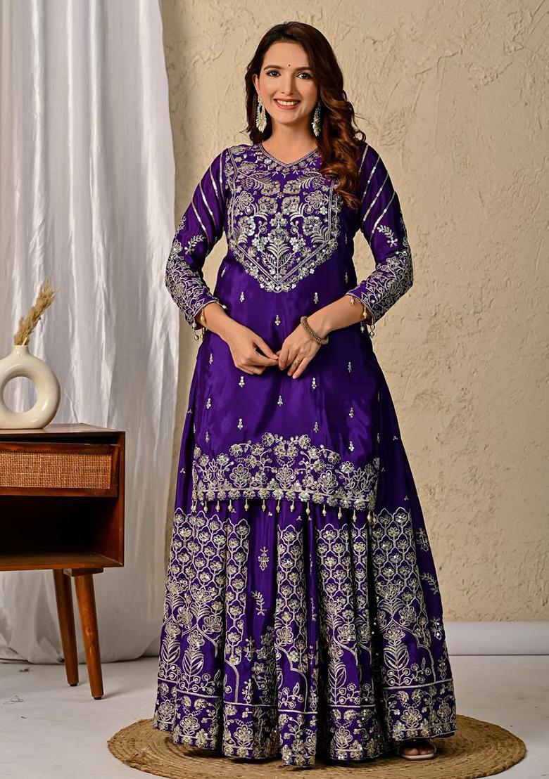 Purple Embroidery Blended Kurta Set - Indya