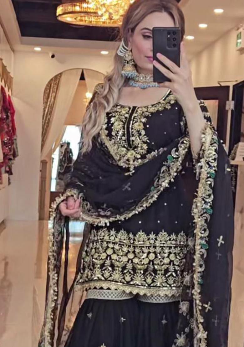 Black Embroidery Blended Kurta Set - Indya