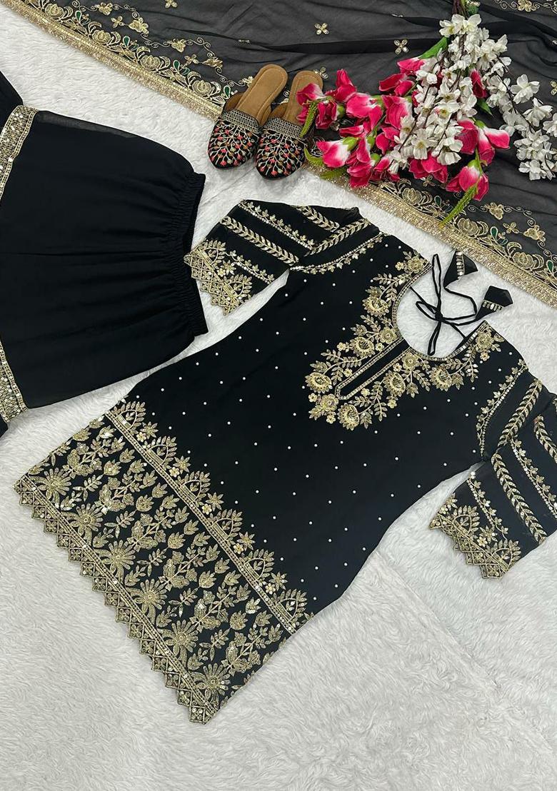 Black Embroidery Blended Kurta Set - Indya