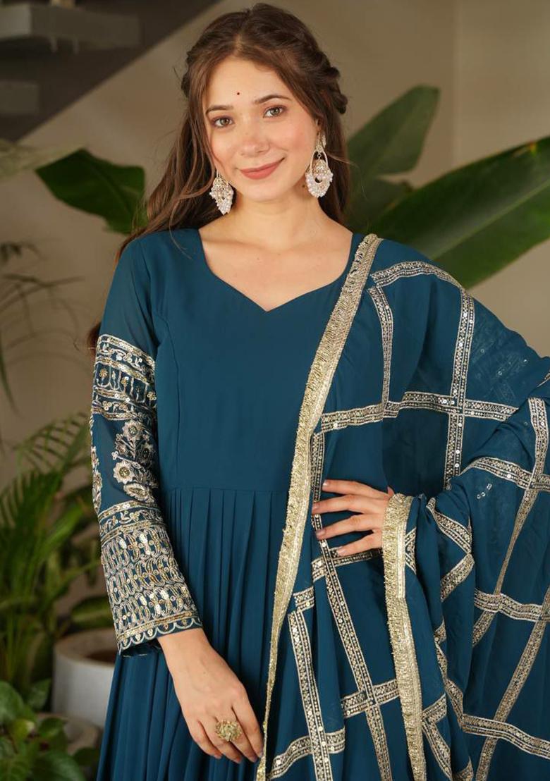Blue Embroidery Blended Kurta Set - Indya