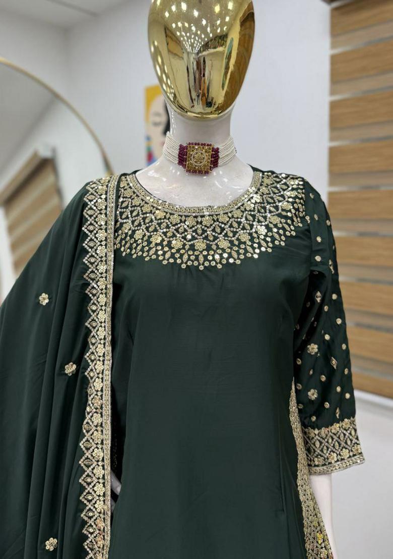 Green Embroidery Blended Kurta Set - Indya