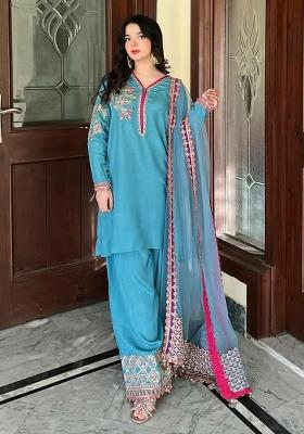 Blue Solid Blended Kurta Set