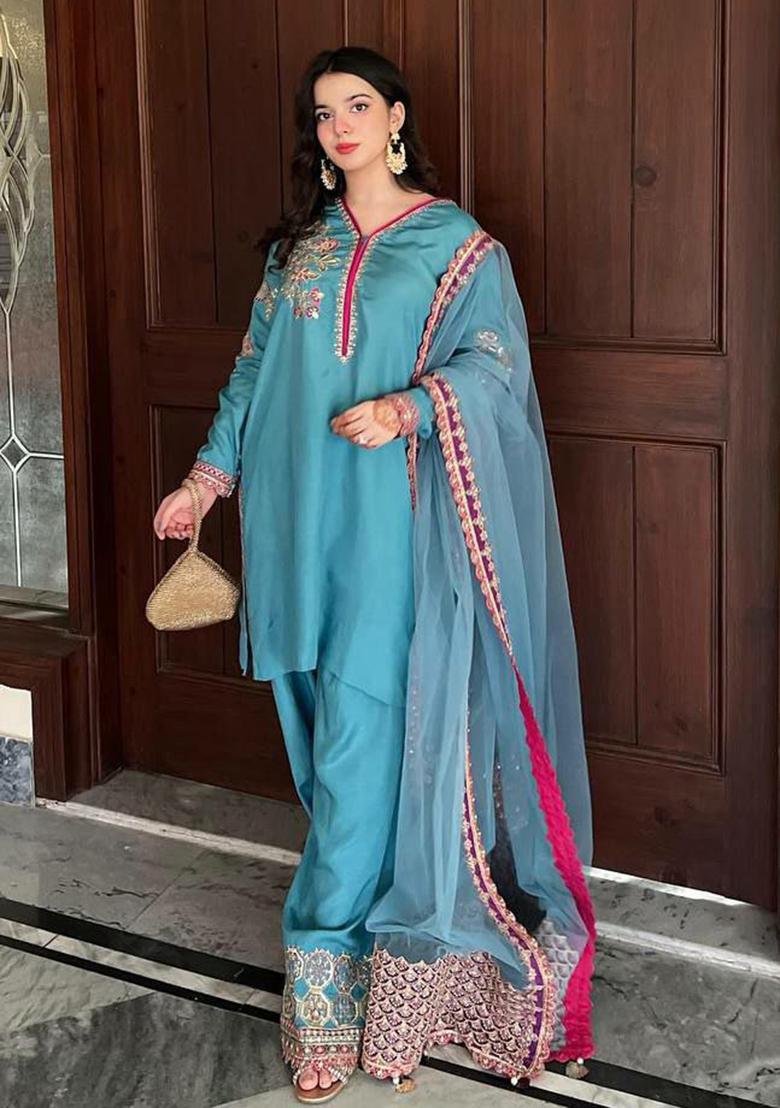 Blue Solid Blended Kurta Set - Indya