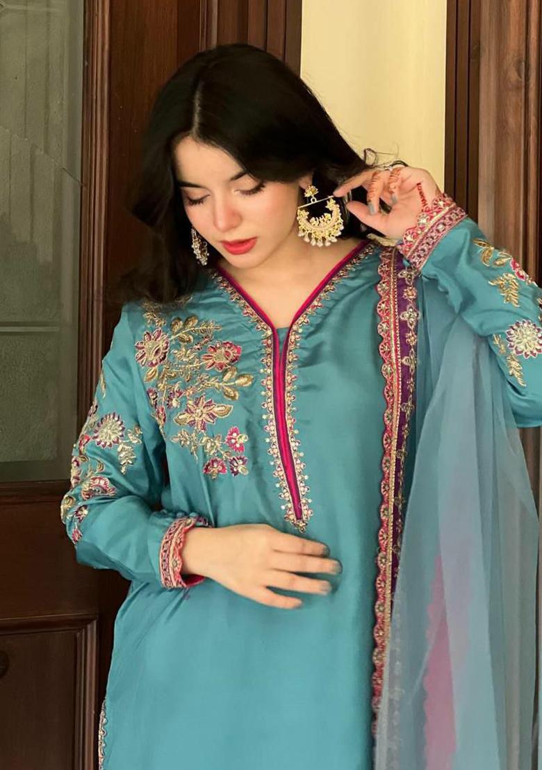 Blue Solid Blended Kurta Set - Indya