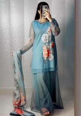 Blue Printed Blended Kurta Set