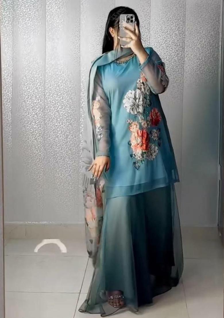 Blue Printed Blended Kurta Set - Indya