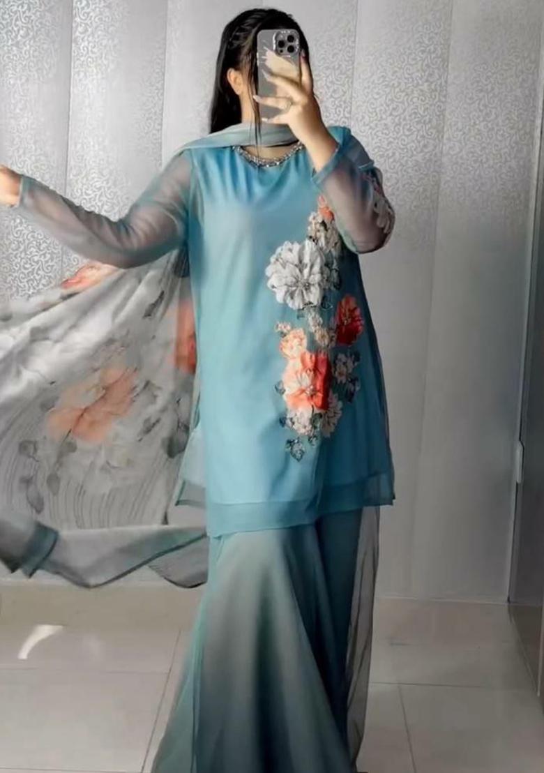 Blue Printed Blended Kurta Set - Indya